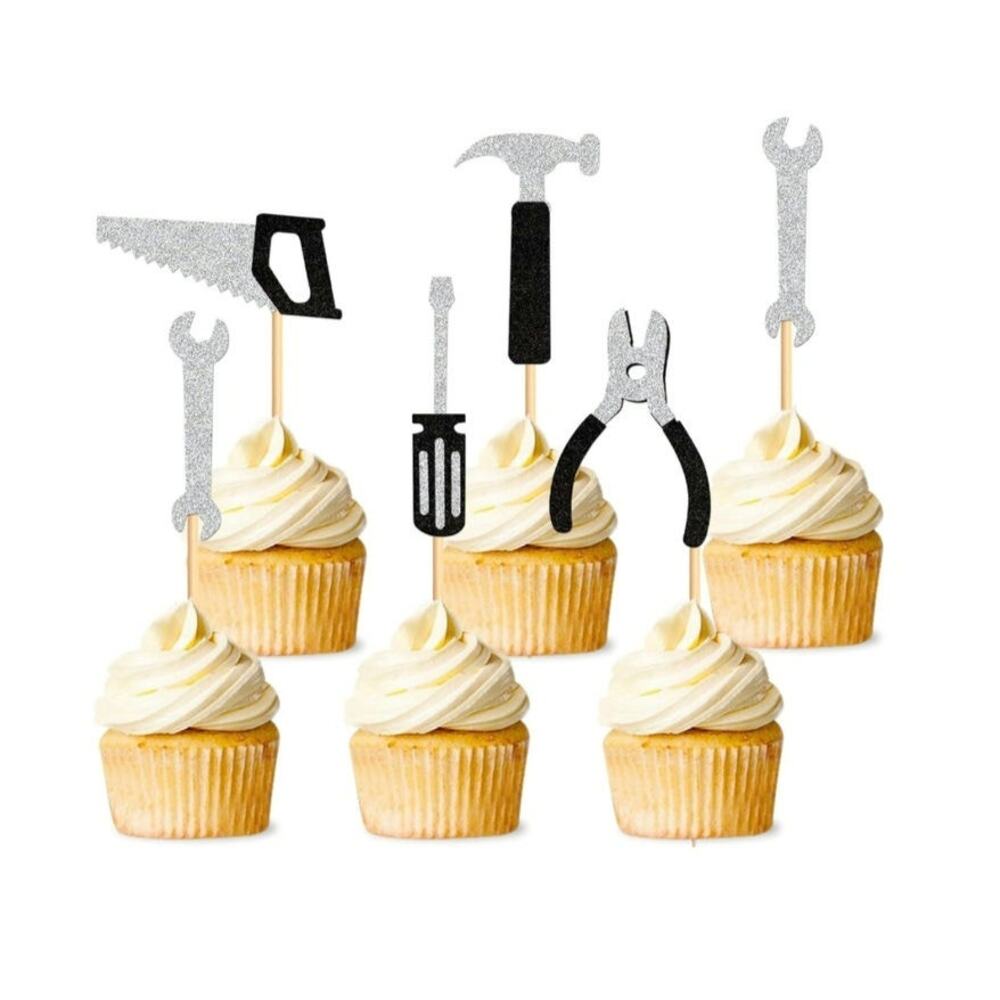 30 PCS Cupcake Topper Happy Father's Day Glitter Black Tool Birthday S4